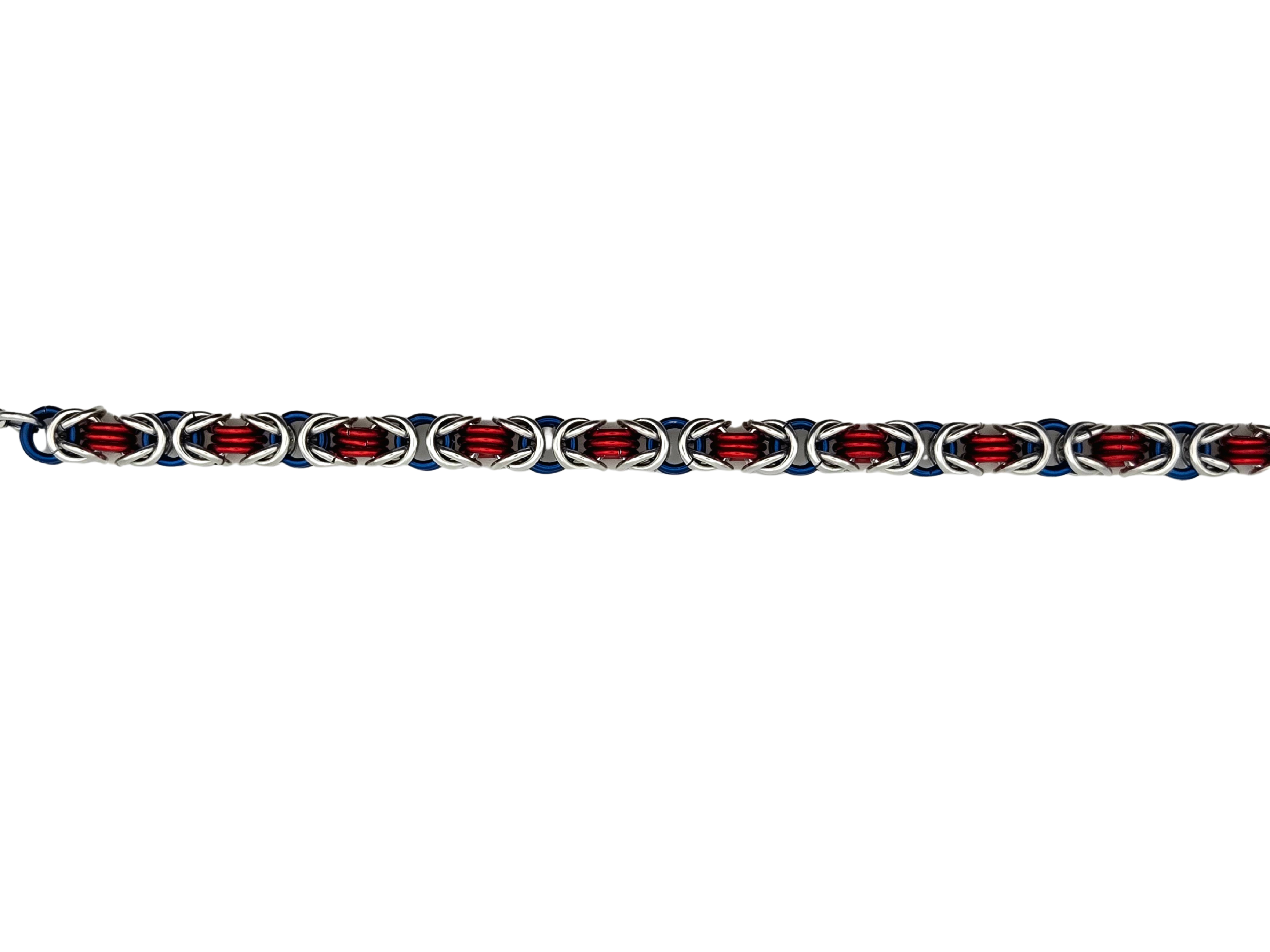 Red, silver, and blue byzantine bracelet